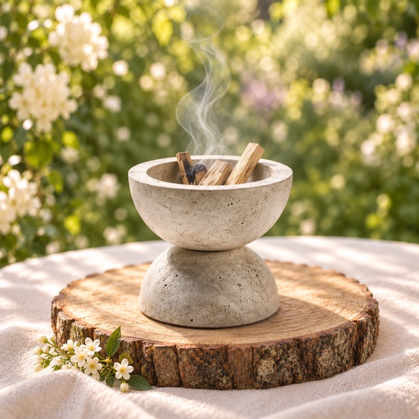 Palo santo humeando en un cuenco de piedra