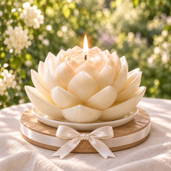 Vela en forma de flor de loto encendida sobre una base de madera