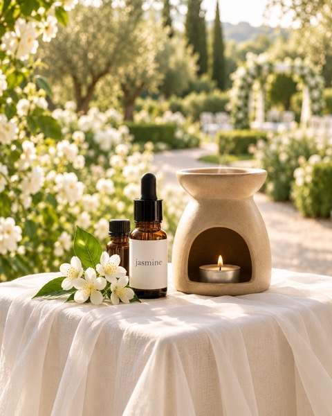 Esencia de jazmín junto a un quemador de aromas con vela