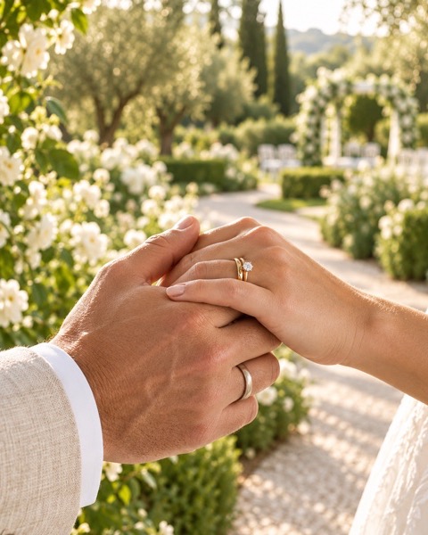 Las manos de la pareja con sus anillos