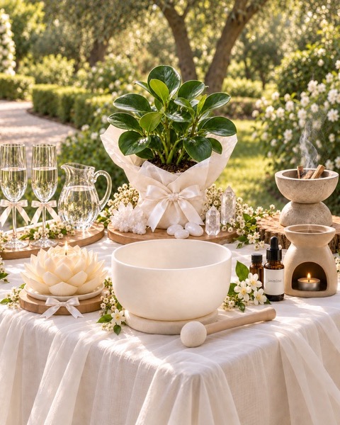 La mesa del altar en un jardín, con copas, planta, vela de loto, cuenco y aromas