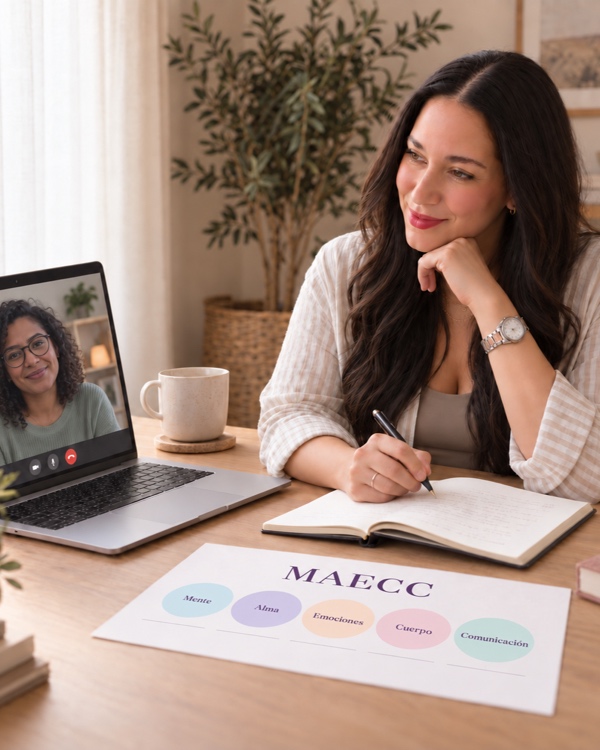 Sesión de acompañamiento online con la hoja del Método MAECC sobre la mesa
